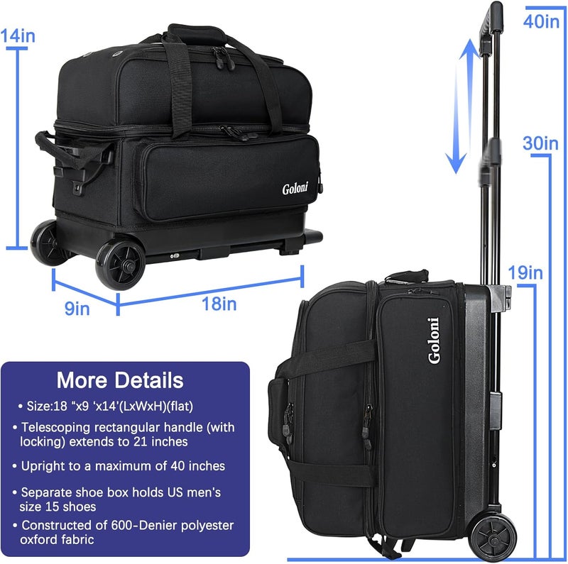 Goloni Double Roller 2 Ball Bowling Bag with Separate Shoe Compartment,2 Ball Bowling Bag with Wheels,Retractable Handle Extends to 40" - Image 5